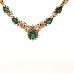 Lab Emerald Statement Necklace 14K Yellow Gold 7.9g Pre-owned